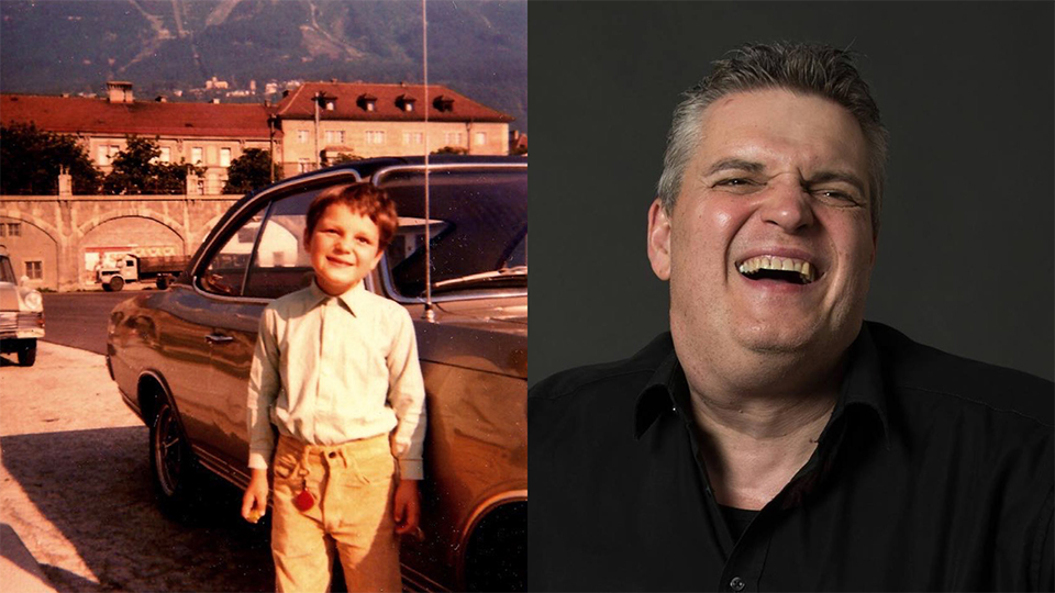 Links George als Kind vor eine Auto stehend, Rechts George heute mit einem Lächeln im Gesicht